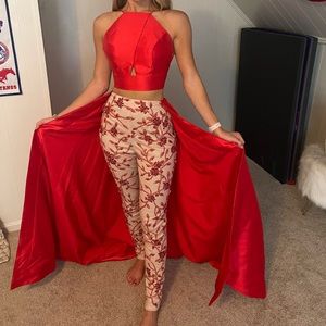 Two piece Rachel Allan embellished/studded pants suit with train